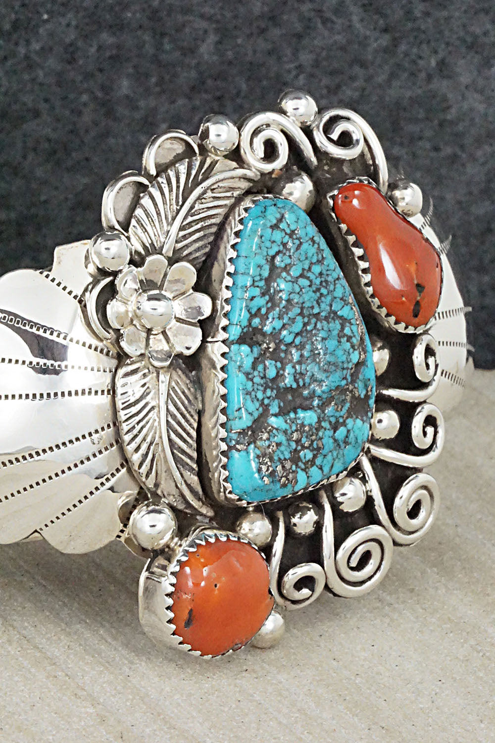 Turquoise, Coral and Sterling Silver Bracelet - Shirley Largo