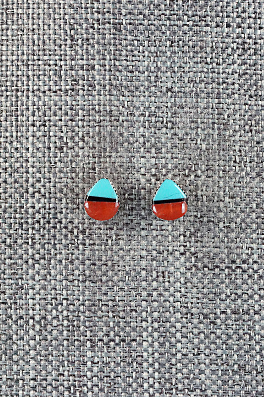Spiny Oyster, Turquoise, Onyx & Sterling Silver Earrings - Rosaline Bradley