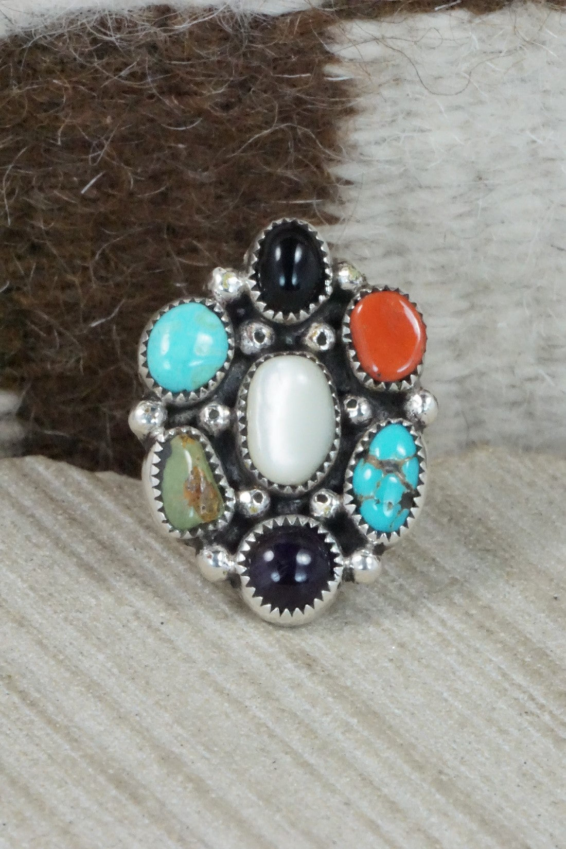 Multi Stone & Sterling Silver Ring - Priscilla Reeder - Size 7.5