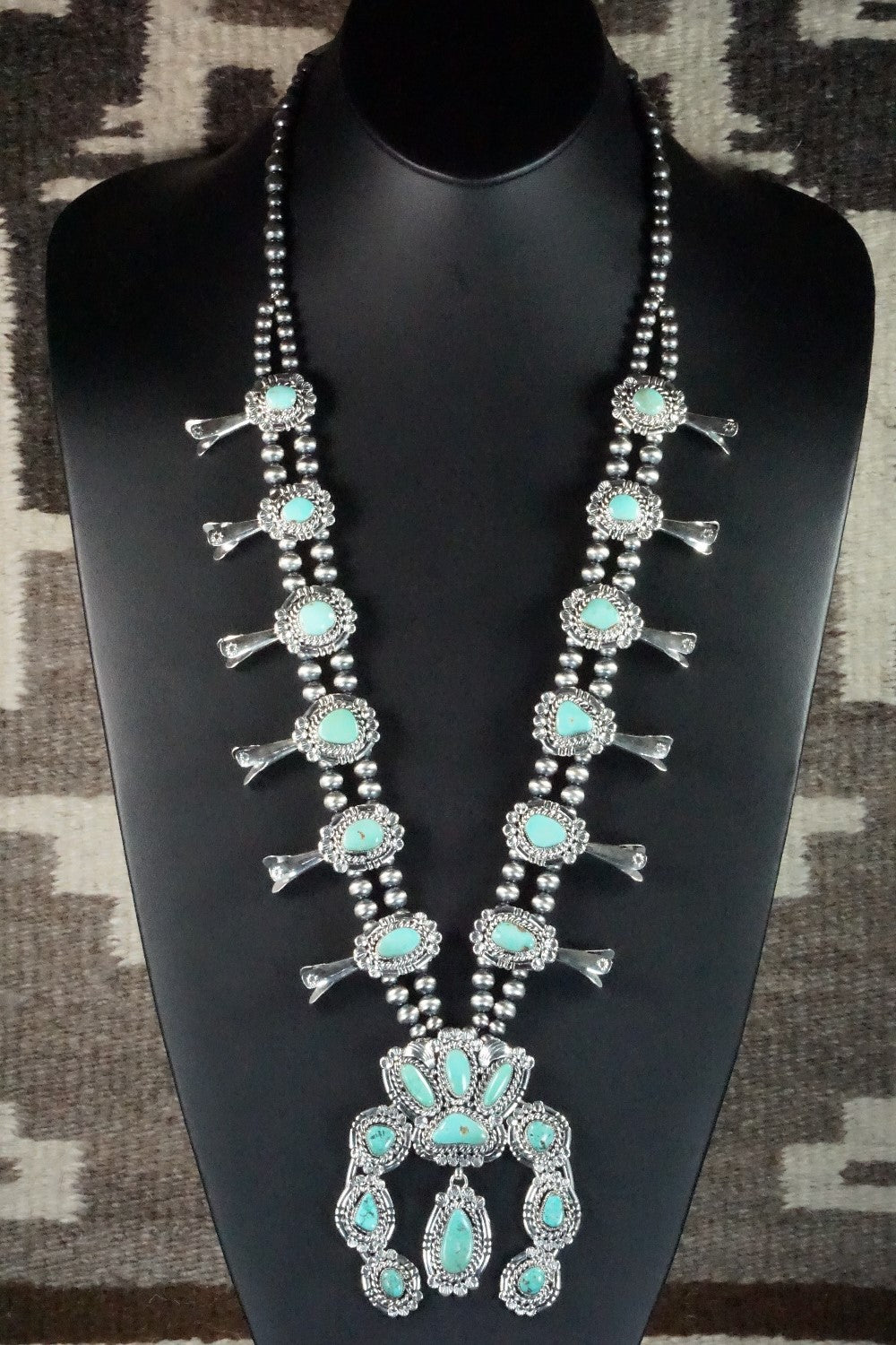 Turquoise & Sterling Silver Squash Blossom Necklace and Earrings - Leroy Perry