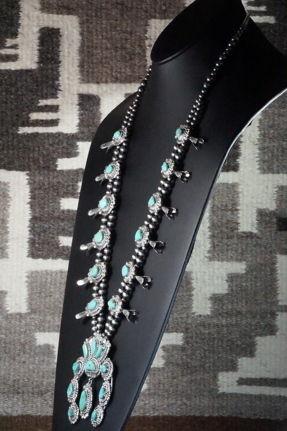 Turquoise & Sterling Silver Squash Blossom Necklace and Earrings - Leroy Perry