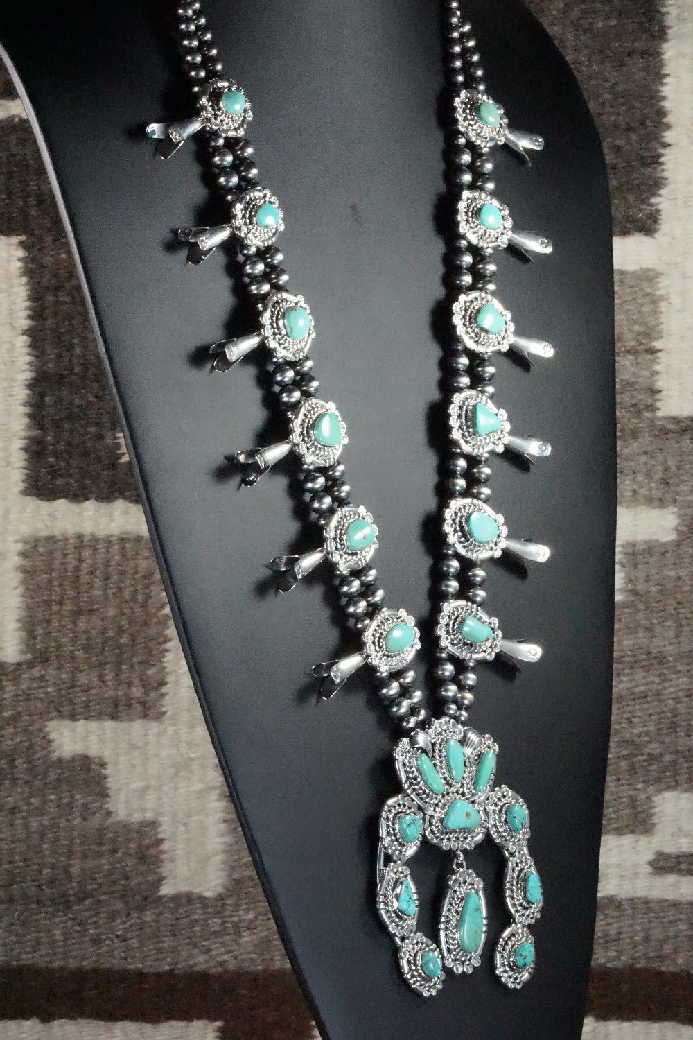 Turquoise & Sterling Silver Squash Blossom Necklace and Earrings - Leroy Perry