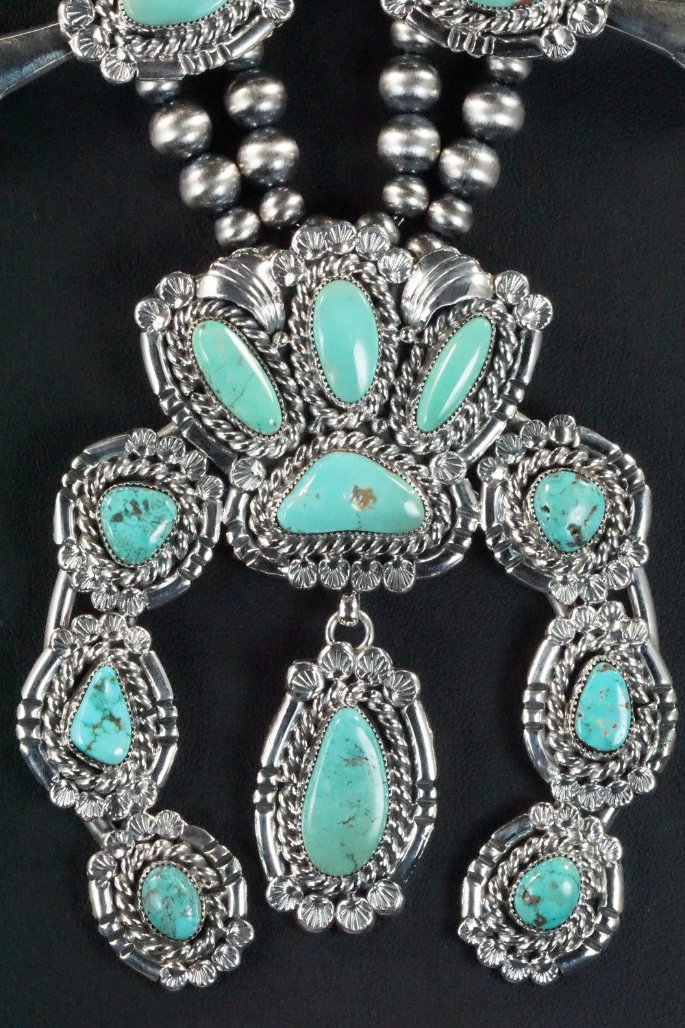 Turquoise & Sterling Silver Squash Blossom Necklace and Earrings - Leroy Perry