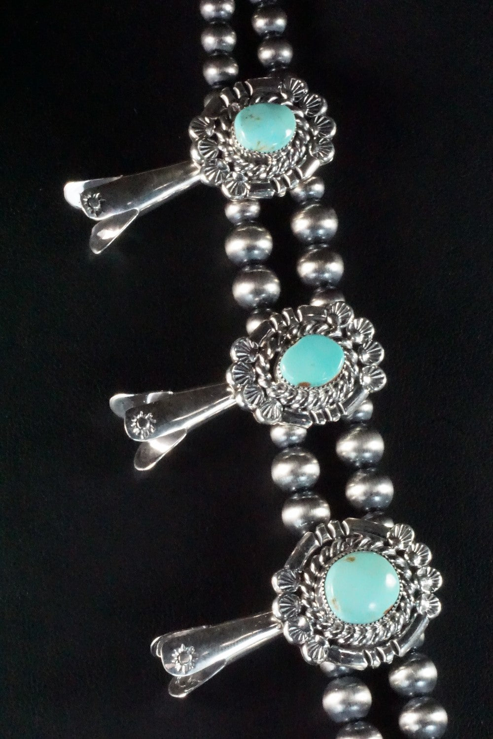 Turquoise & Sterling Silver Squash Blossom Necklace and Earrings - Leroy Perry