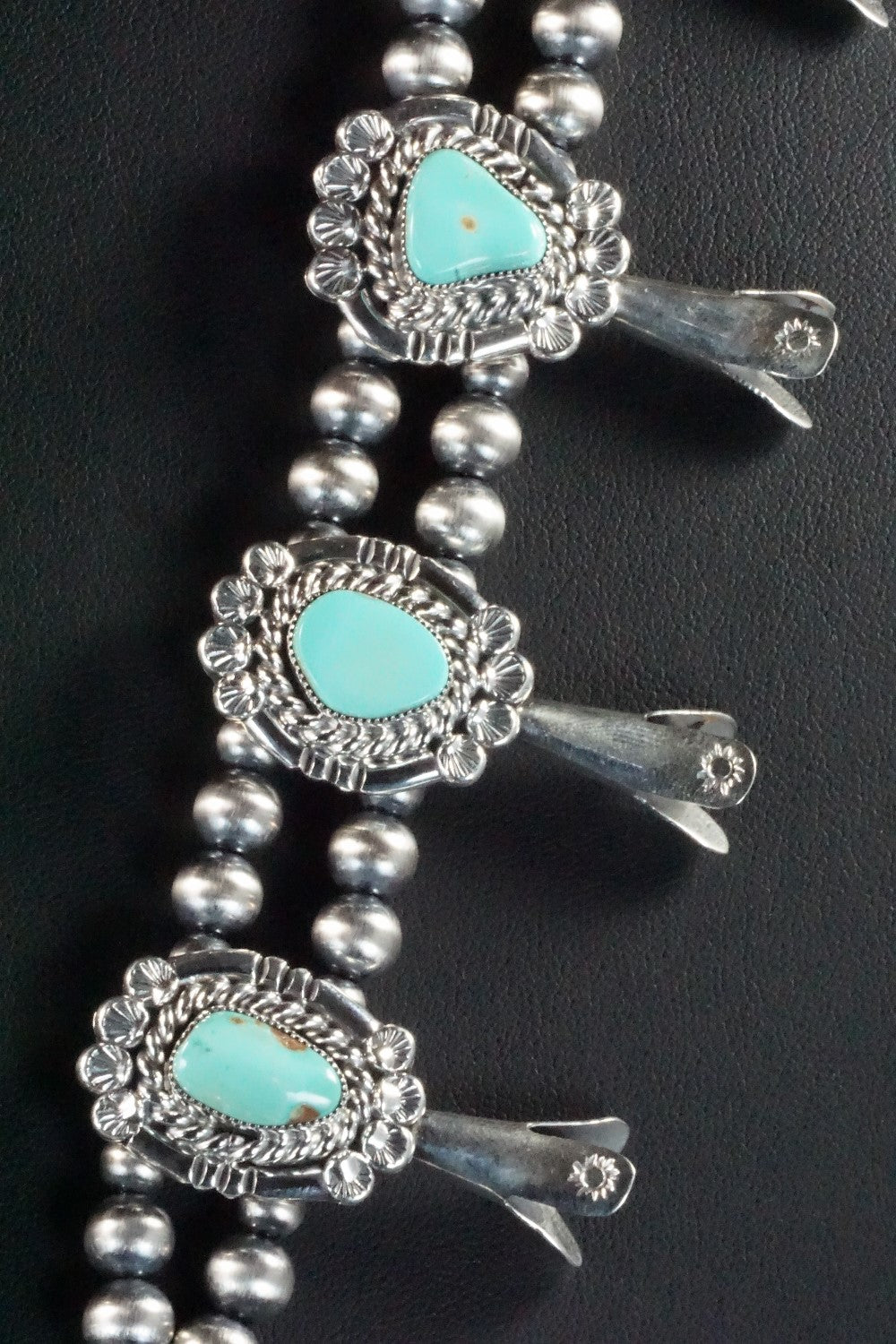 Turquoise & Sterling Silver Squash Blossom Necklace and Earrings - Leroy Perry