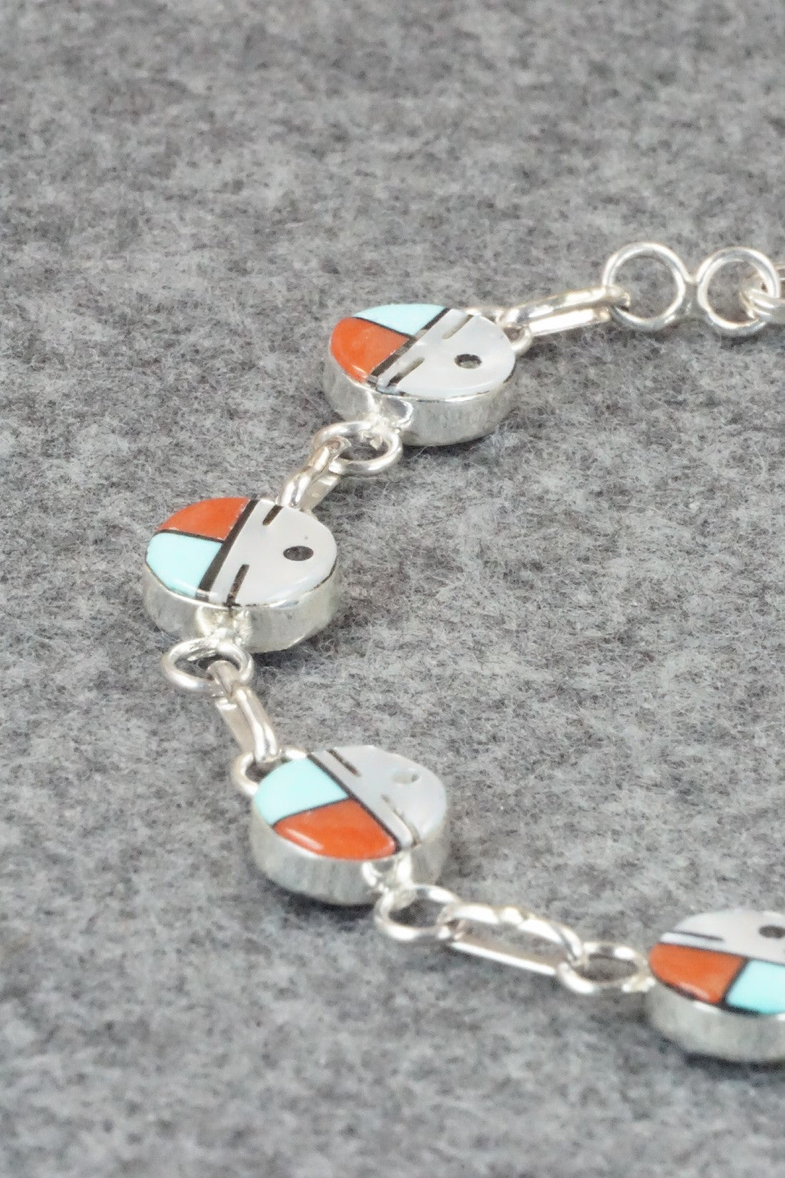 Coral, Turquoise & Sterling Silver Link Bracelet - Tyrone Martinez
