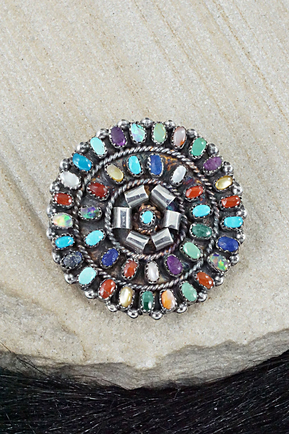 Multi Stone & Sterling Silver Pendant/Pin - Lorencita Walela