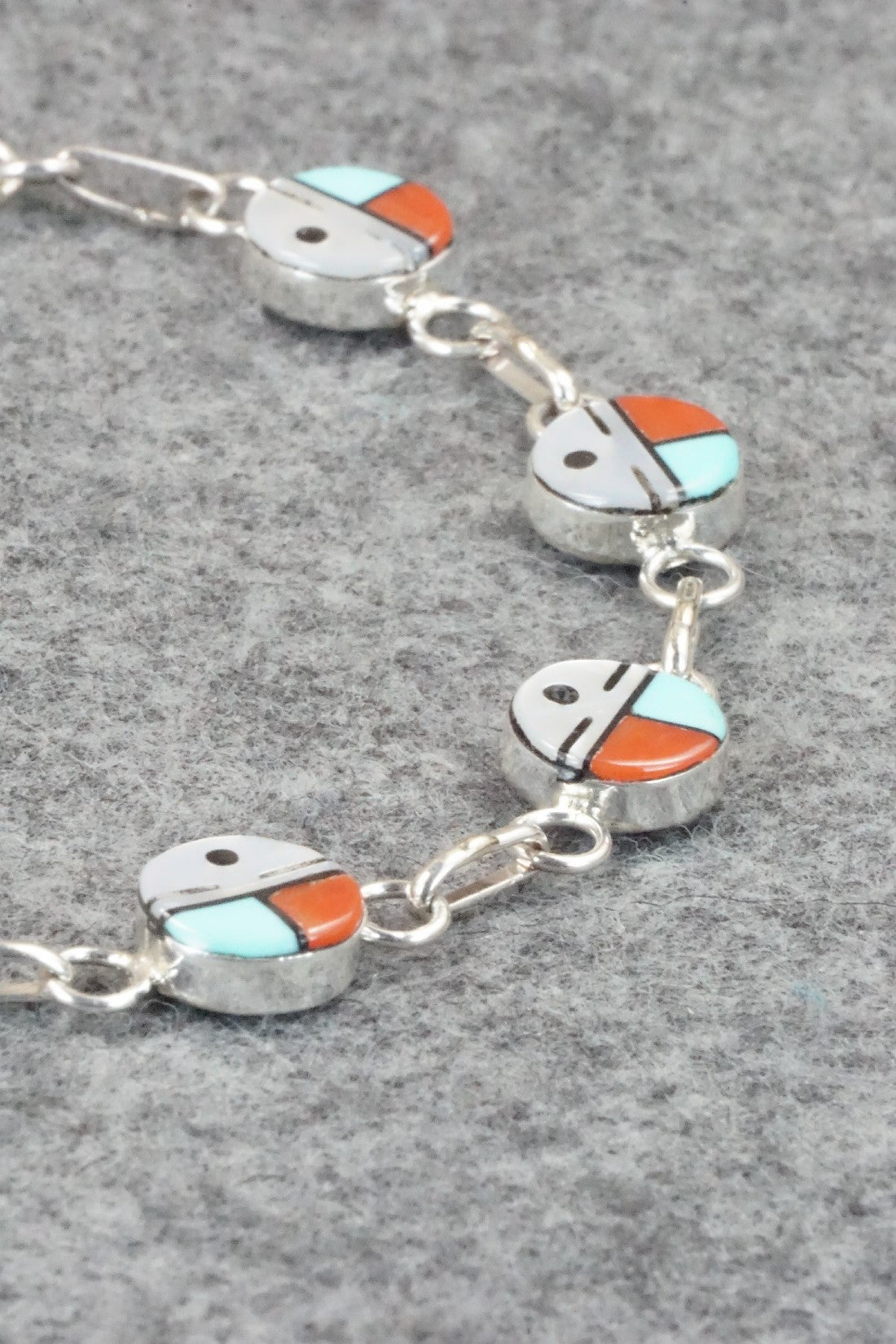 Coral, Turquoise & Sterling Silver Link Bracelet - Tyrone Martinez