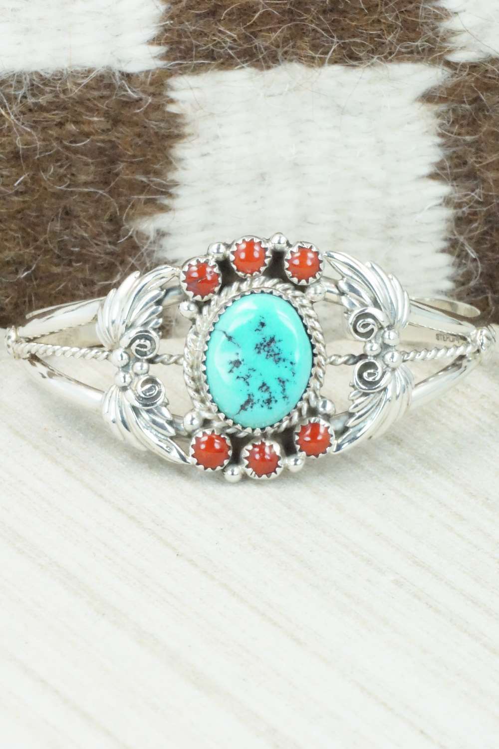 Turquoise, Coral & Sterling Silver Bracelet - Roberta Begay