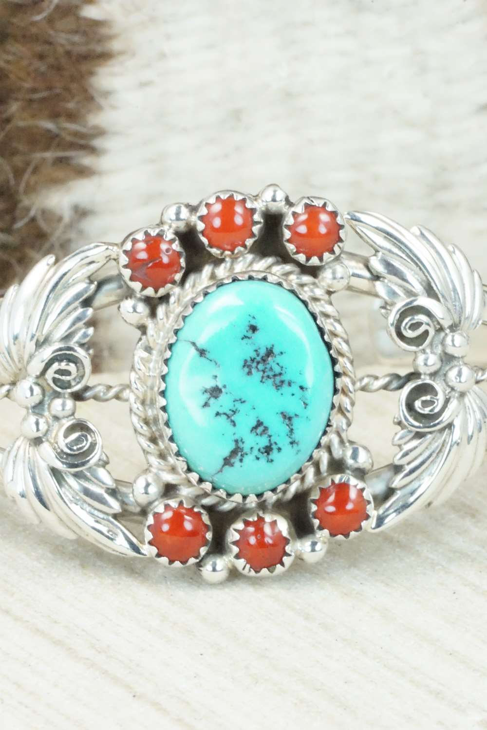 Turquoise, Coral & Sterling Silver Bracelet - Roberta Begay