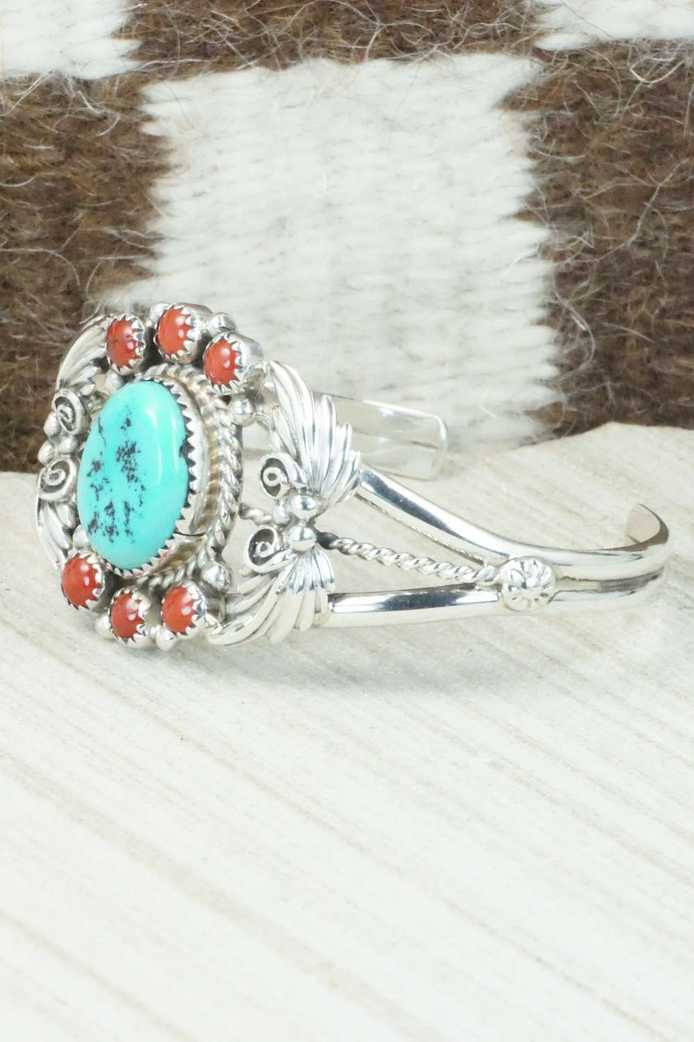 Turquoise, Coral & Sterling Silver Bracelet - Roberta Begay