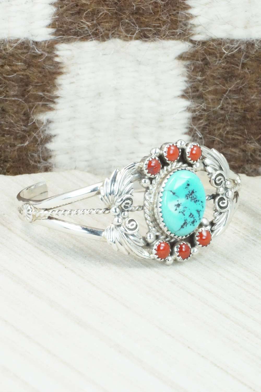 Turquoise, Coral & Sterling Silver Bracelet - Roberta Begay