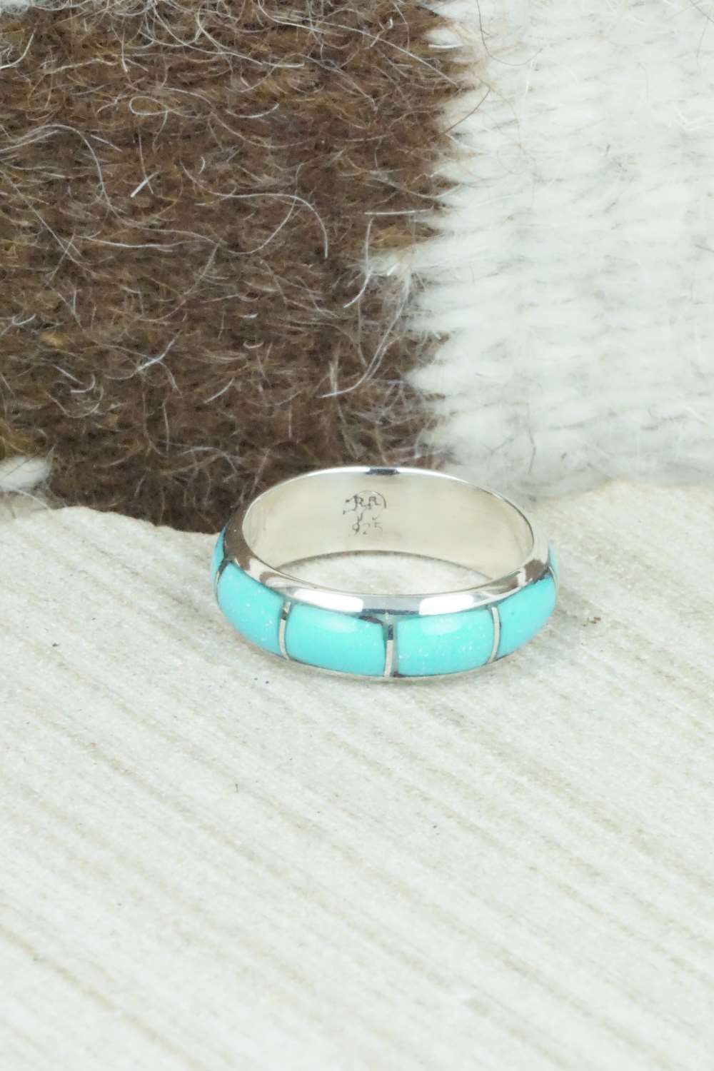 Turquoise & Sterling Silver Inlay Ring - Verna Kanesta - Size 8.25