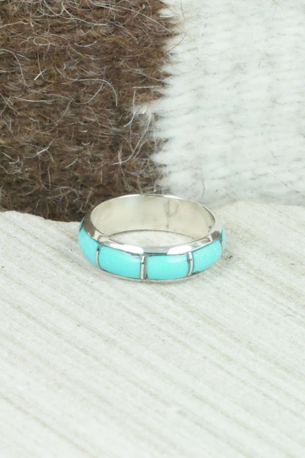Turquoise & Sterling Silver Inlay Ring - Verna Kanesta - Size 8
