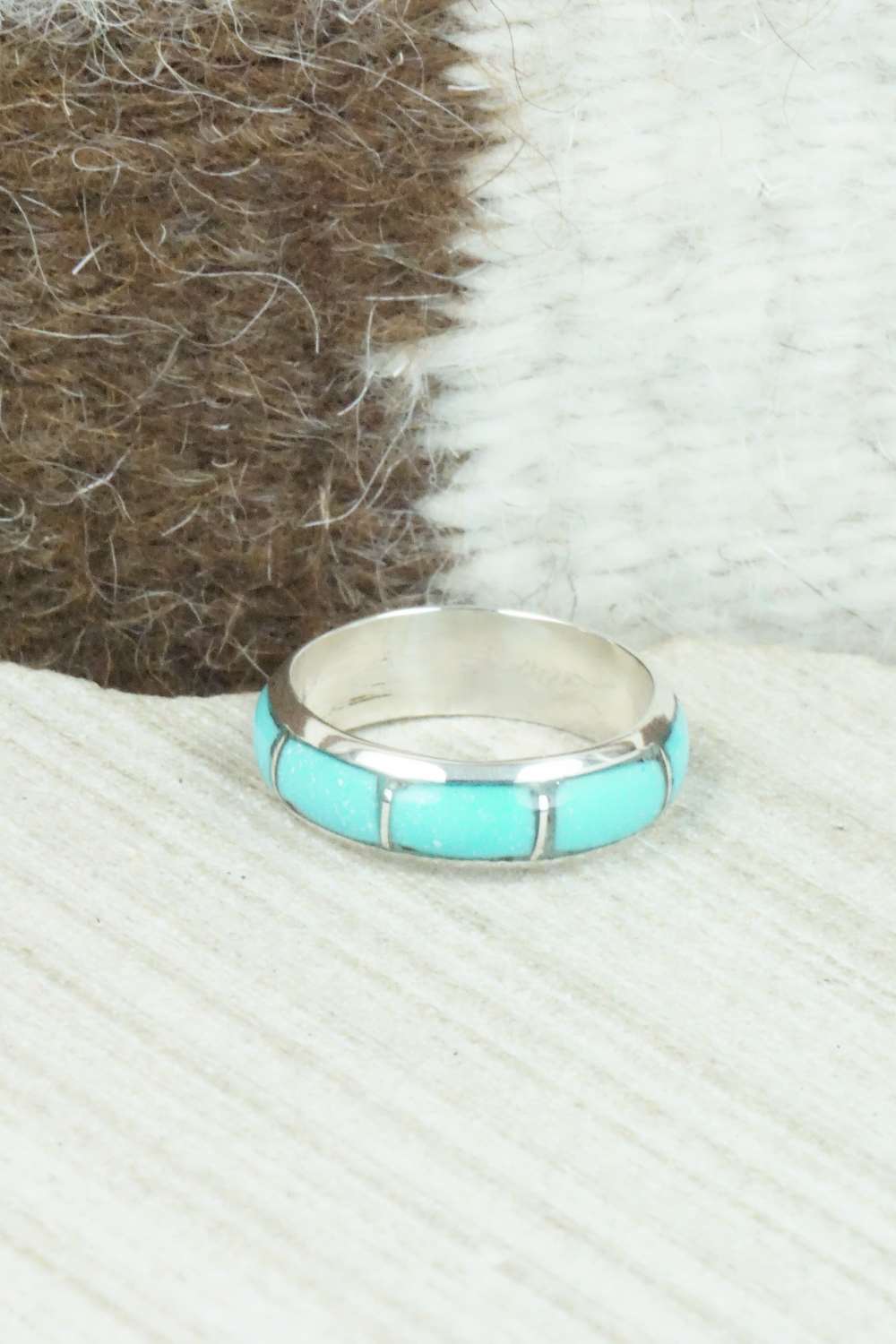 Turquoise & Sterling Silver Inlay Ring - Verna Kanesta - Size 8.25