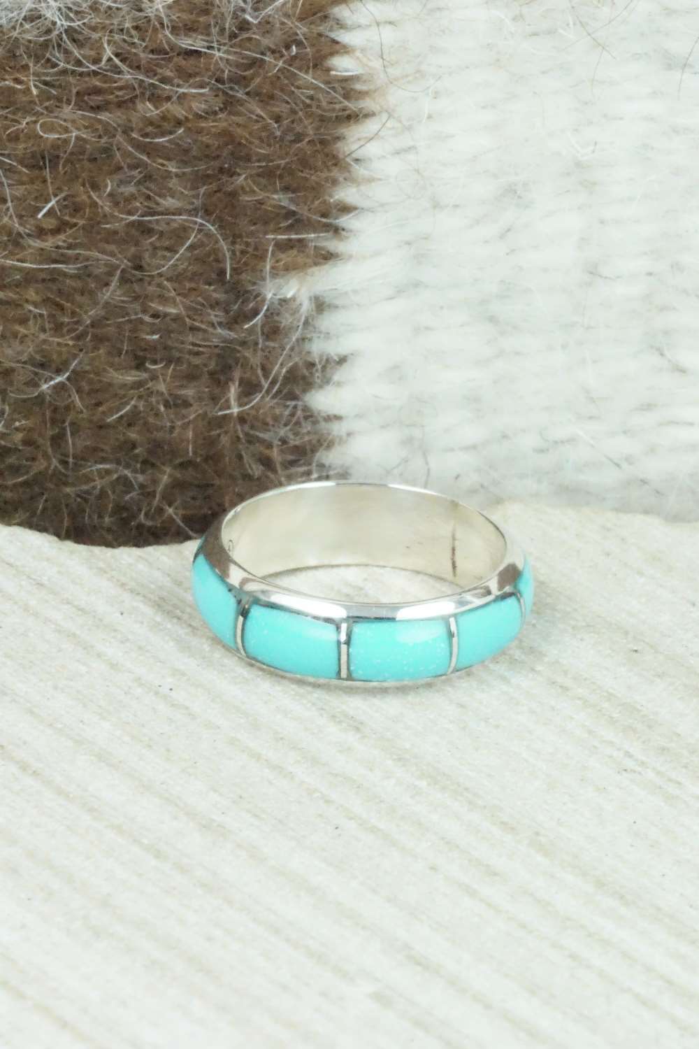 Turquoise & Sterling Silver Inlay Ring - Verna Kanesta - Size 8.25
