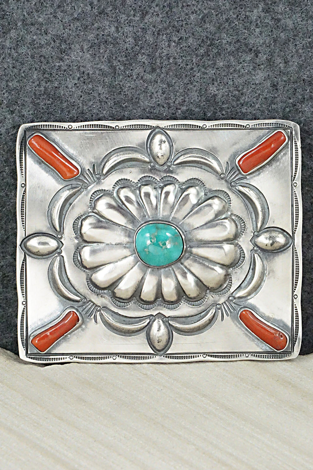 Turquoise, Coral & Sterling Silver Belt Buckle - Wallace Yazzie, Jr.
