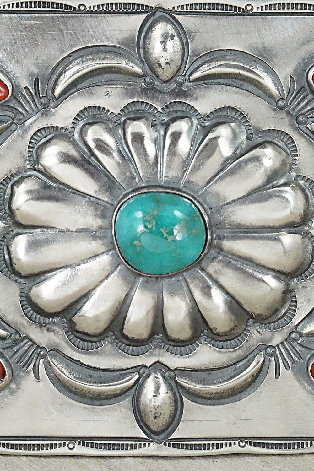 Turquoise, Coral & Sterling Silver Belt Buckle - Wallace Yazzie, Jr.