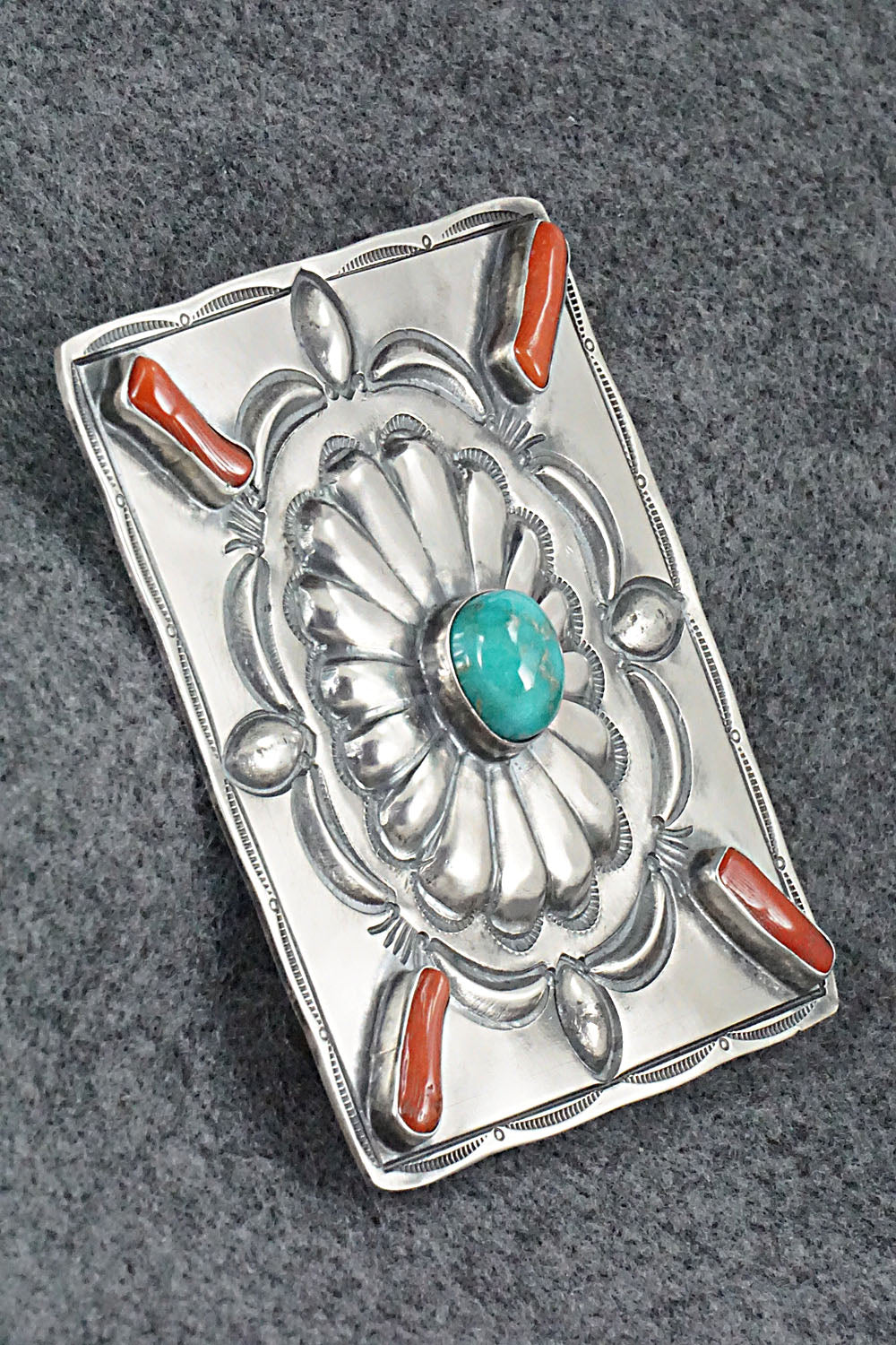 Turquoise, Coral & Sterling Silver Belt Buckle - Wallace Yazzie, Jr.