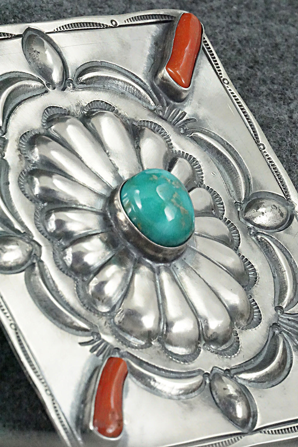 Turquoise, Coral & Sterling Silver Belt Buckle - Wallace Yazzie, Jr.