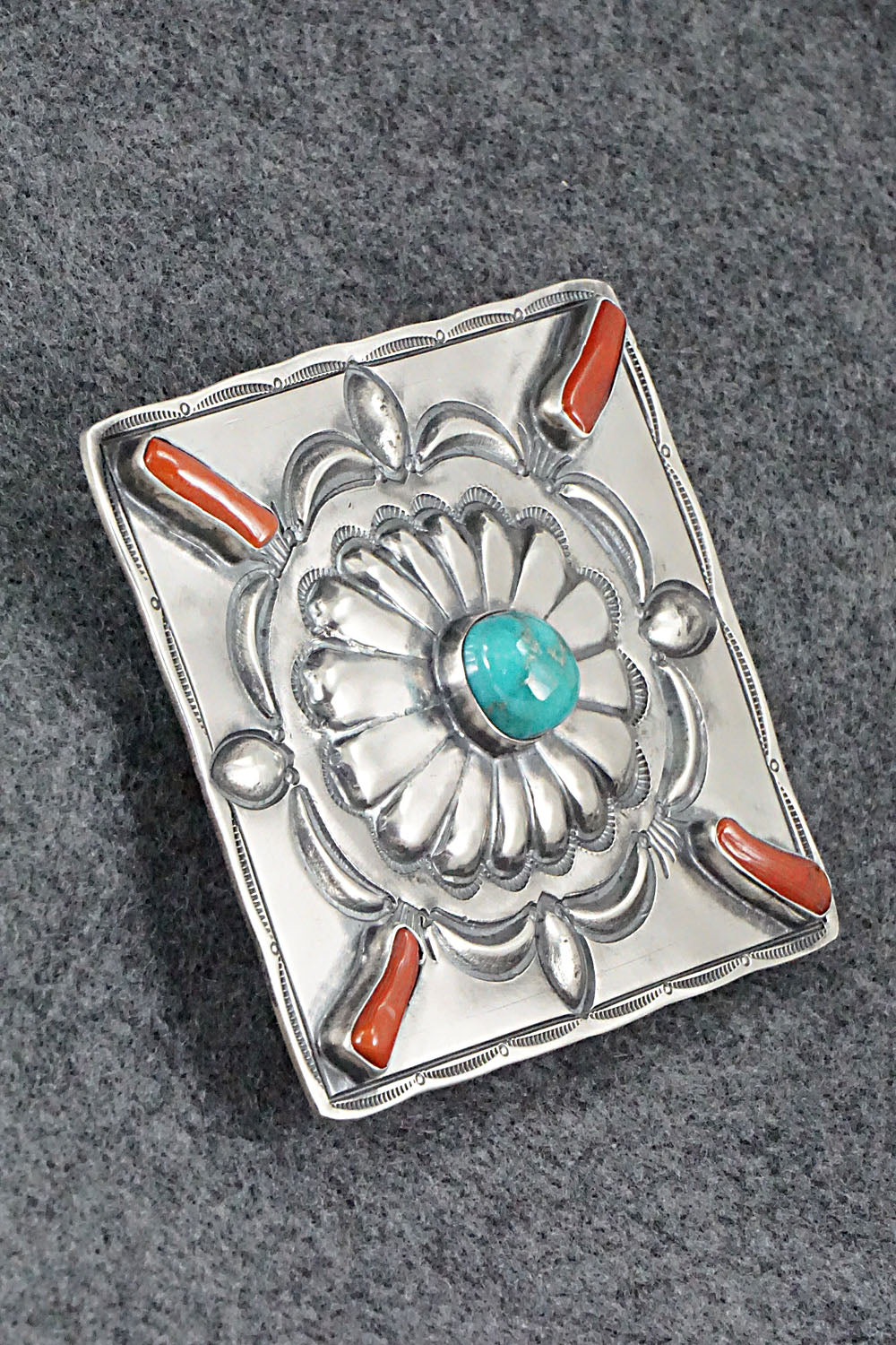 Turquoise, Coral & Sterling Silver Belt Buckle - Wallace Yazzie, Jr.