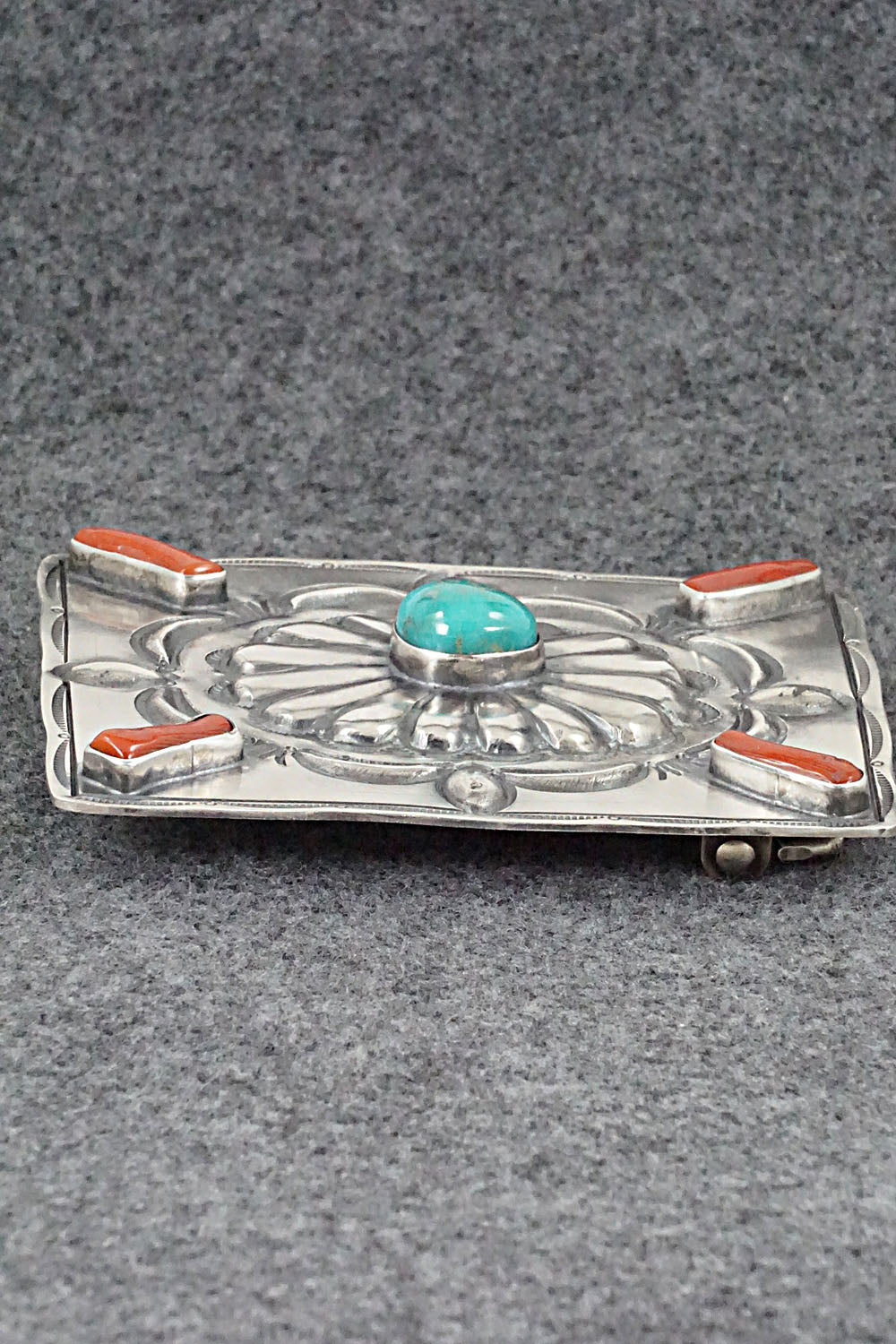 Turquoise, Coral & Sterling Silver Belt Buckle - Wallace Yazzie, Jr.
