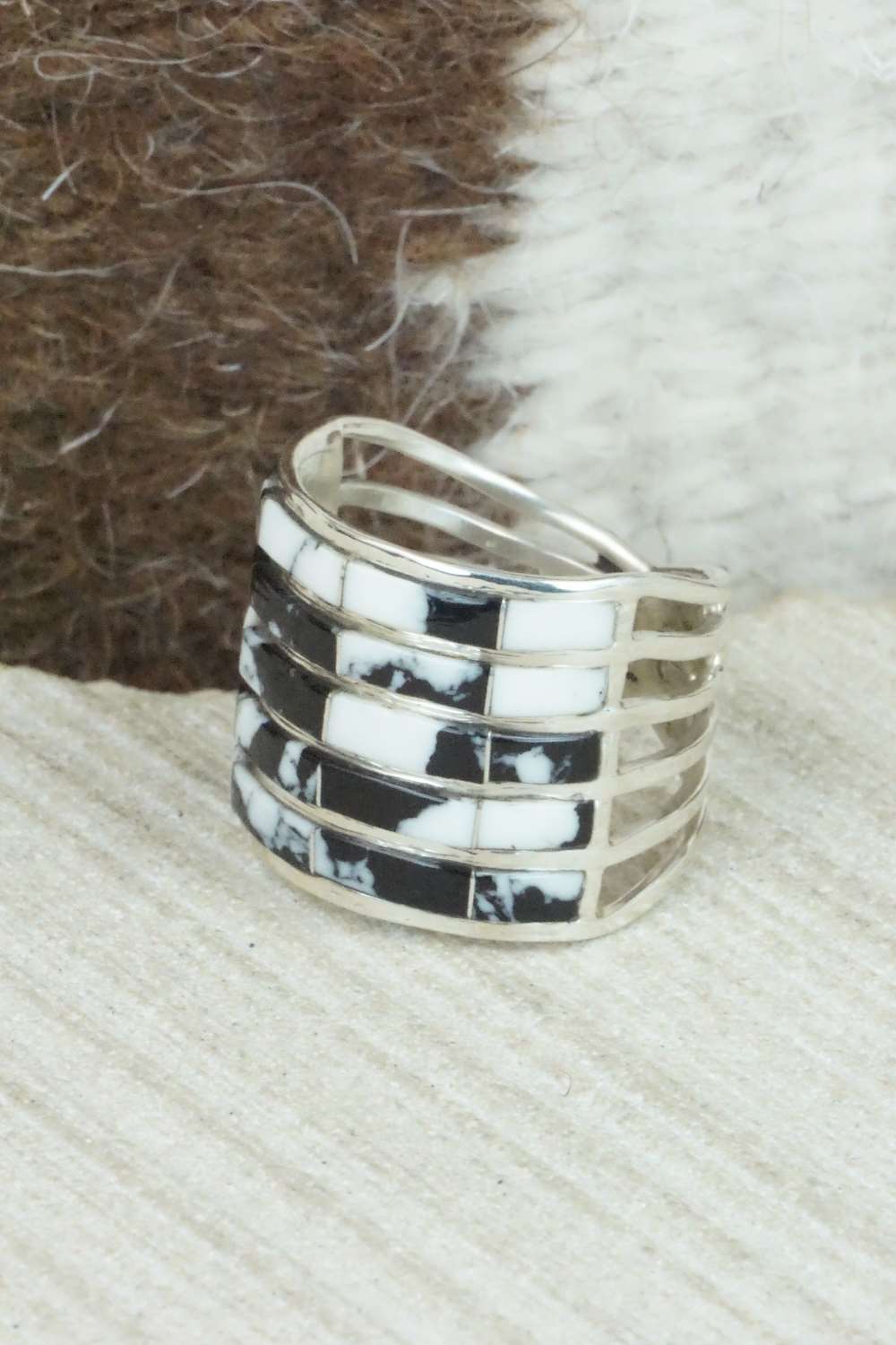 White Buffalo & Sterling Silver Inlay Ring - Claresse Kylestewa - Size 7