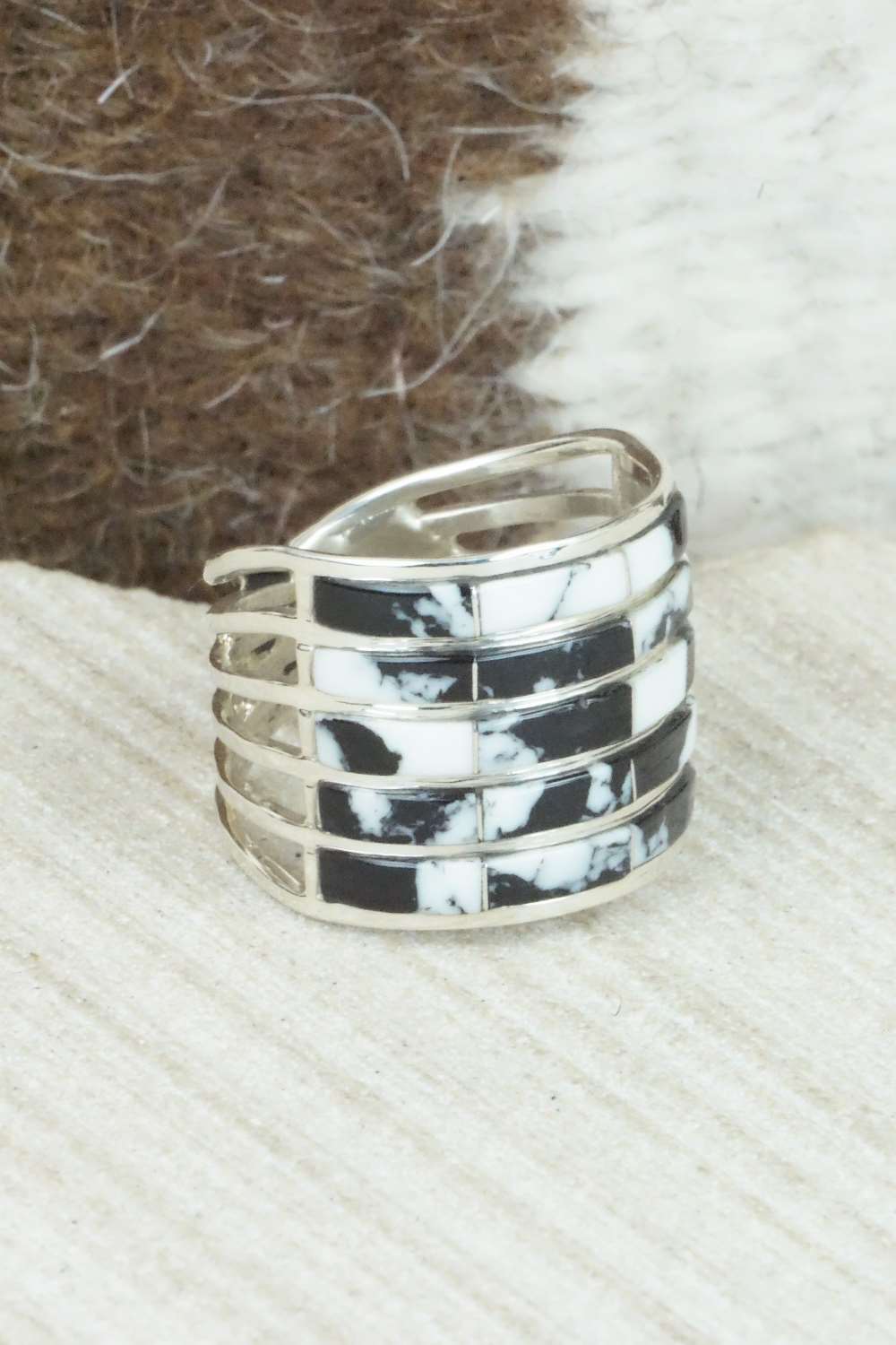 White Buffalo & Sterling Silver Inlay Ring - Claresse Kylestewa - Size 7