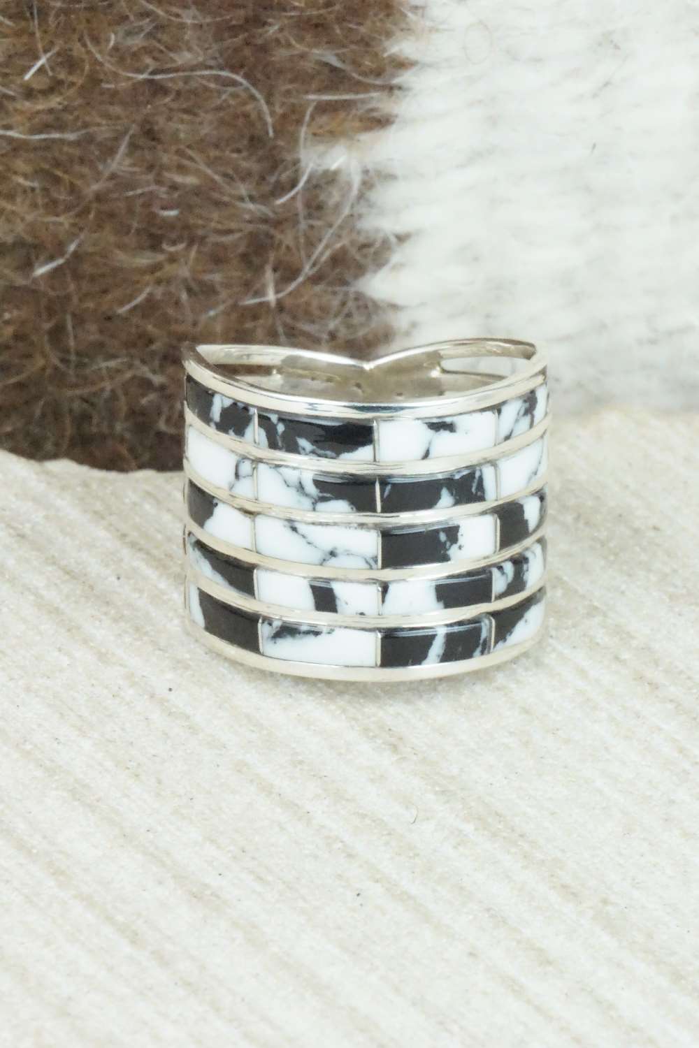 White Buffalo & Sterling Silver Inlay Ring - Claresse Kylestewa - Size 7.5