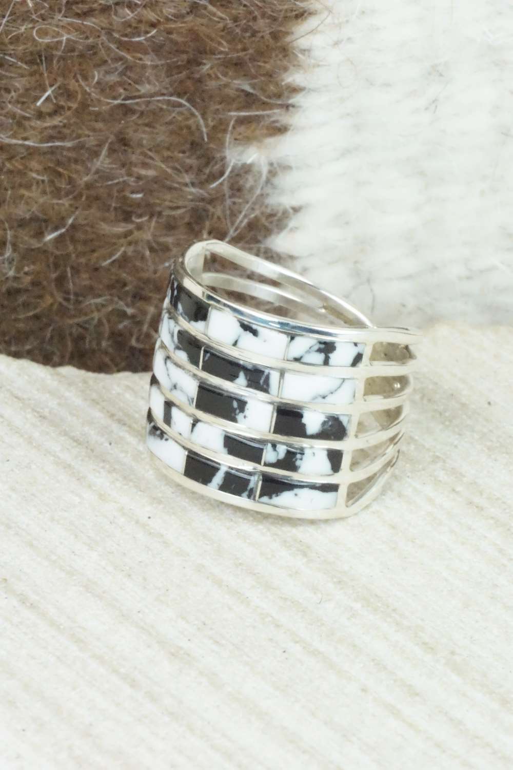 White Buffalo & Sterling Silver Inlay Ring - Claresse Kylestewa - Size 7.5
