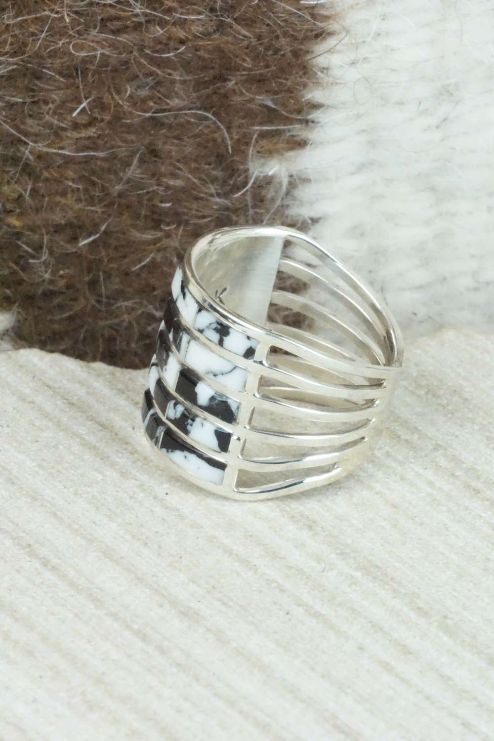 White Buffalo & Sterling Silver Inlay Ring - Claresse Kylestewa - Size 7.5
