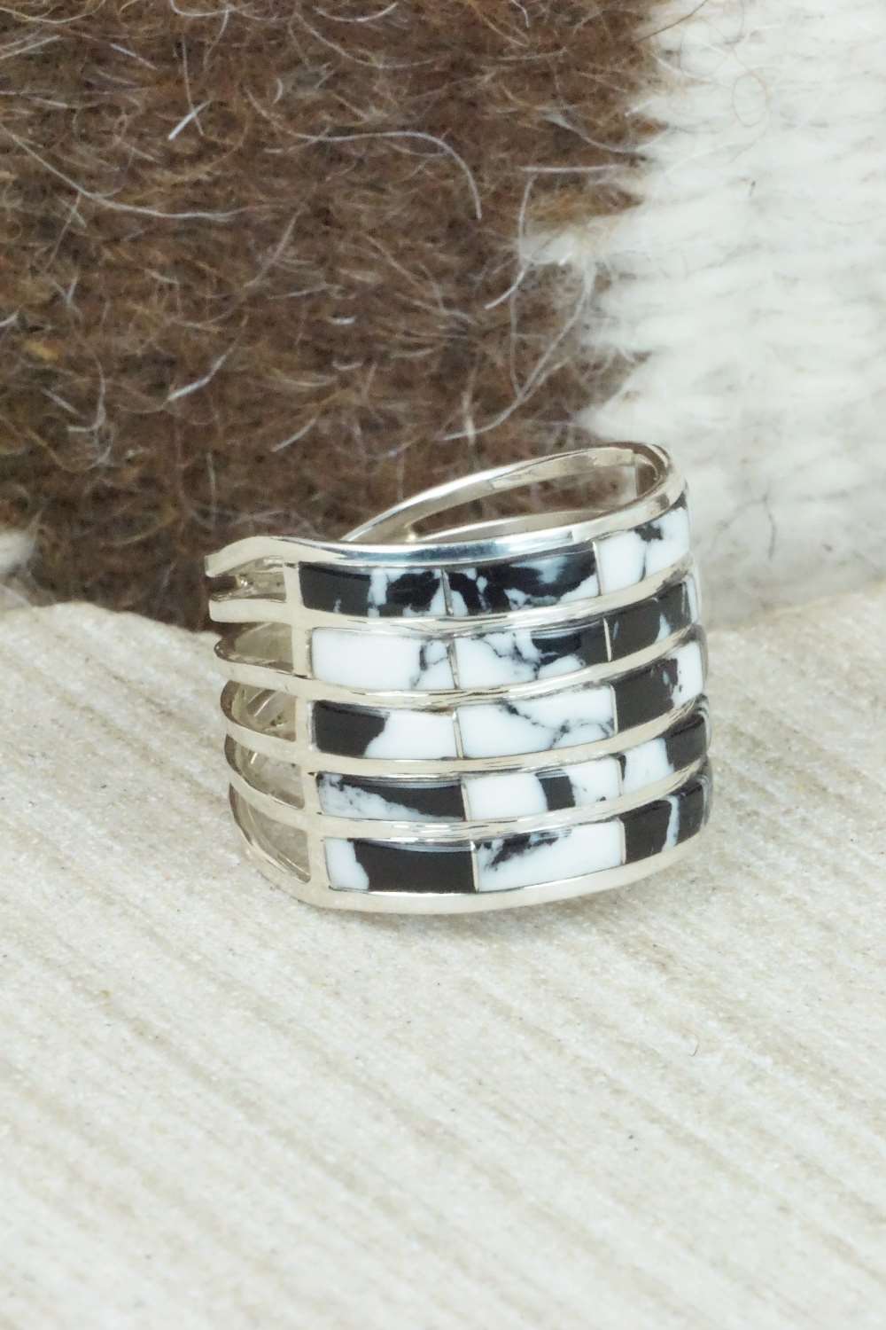 White Buffalo & Sterling Silver Inlay Ring - Claresse Kylestewa - Size 7.5