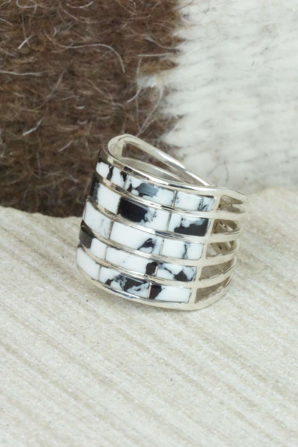 White Buffalo & Sterling Silver Inlay Ring - Claresse Kylestewa - Size 7