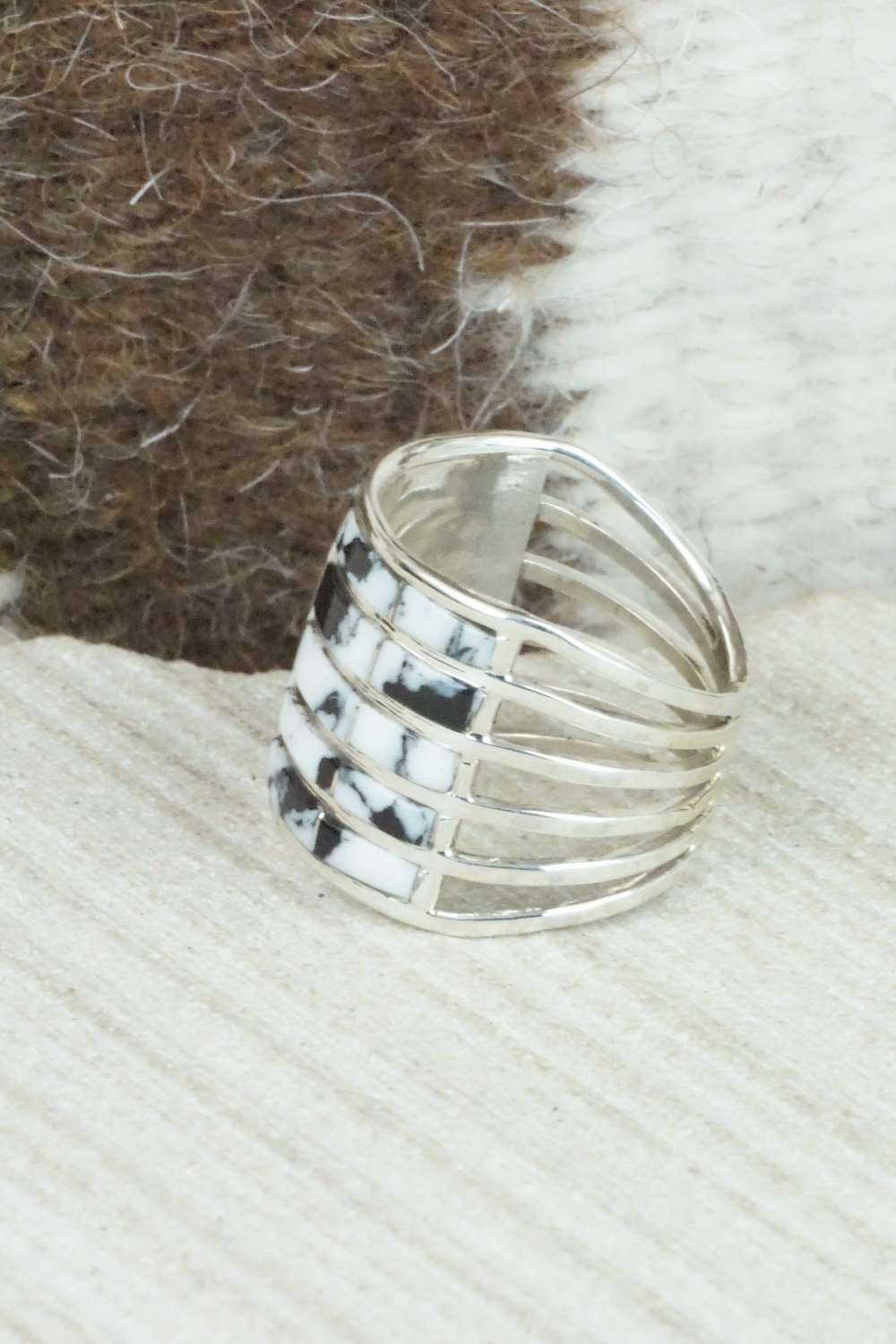White Buffalo & Sterling Silver Inlay Ring - Claresse Kylestewa - Size 7