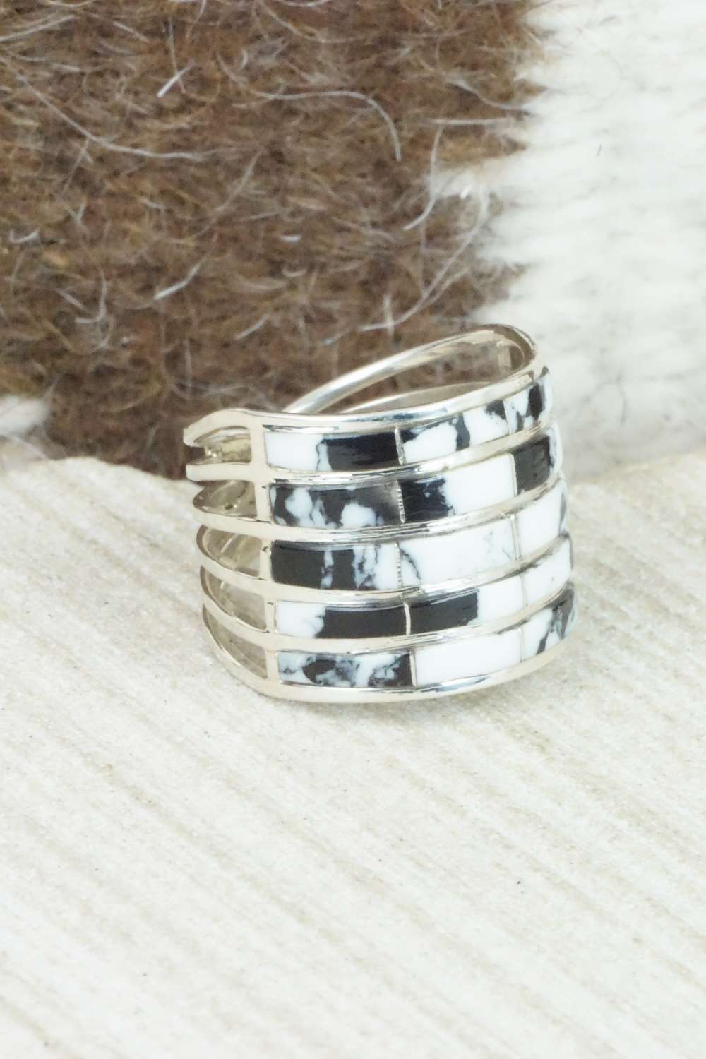 White Buffalo & Sterling Silver Inlay Ring - Claresse Kylestewa - Size 7