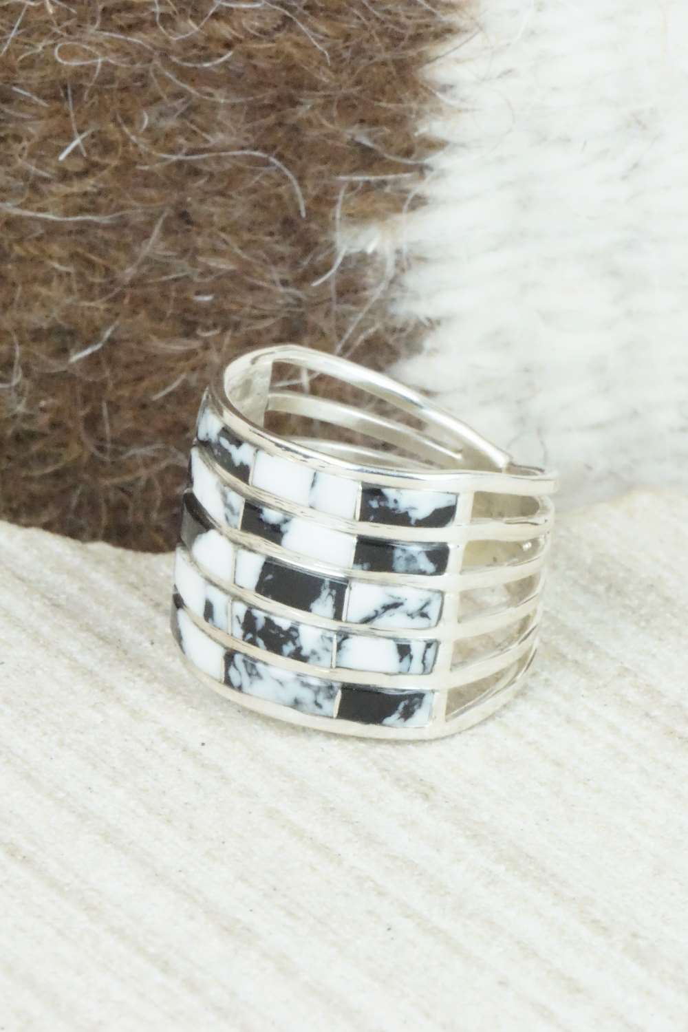 White Buffalo & Sterling Silver Inlay Ring - Claresse Kylestewa - Size 7