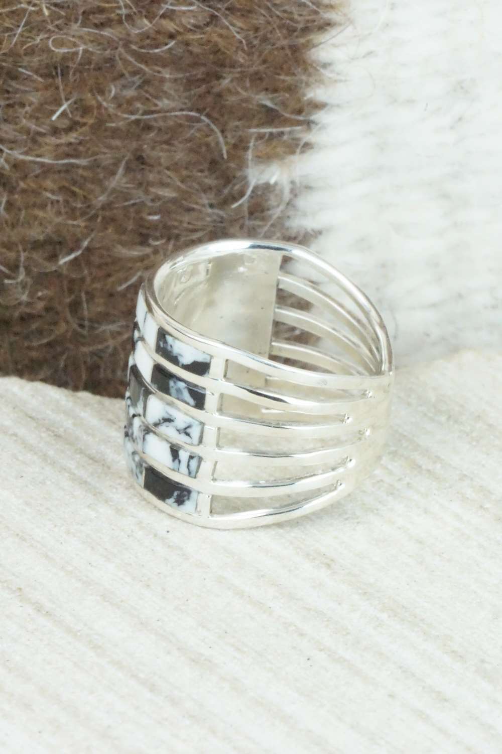 White Buffalo & Sterling Silver Inlay Ring - Claresse Kylestewa - Size 7