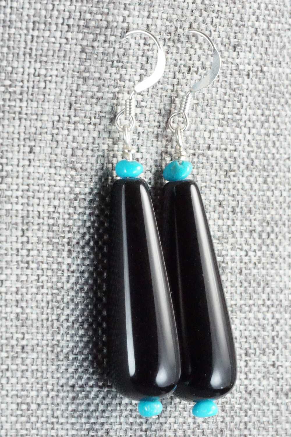 Onyx & Turquoise Sterling Silver Earrings - Navajo