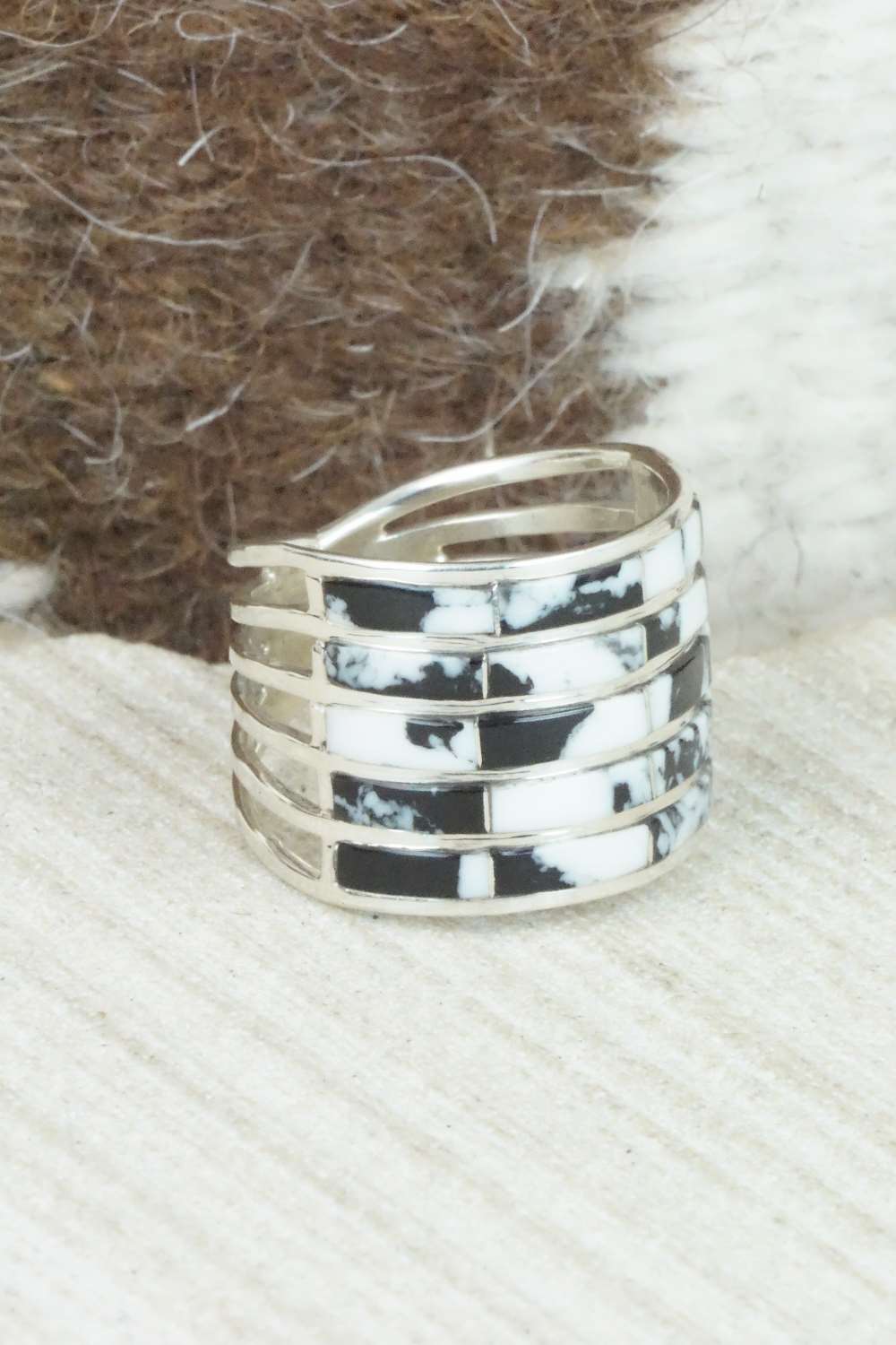 White Buffalo & Sterling Silver Inlay Ring - Claresse Kylestewa - Size 7