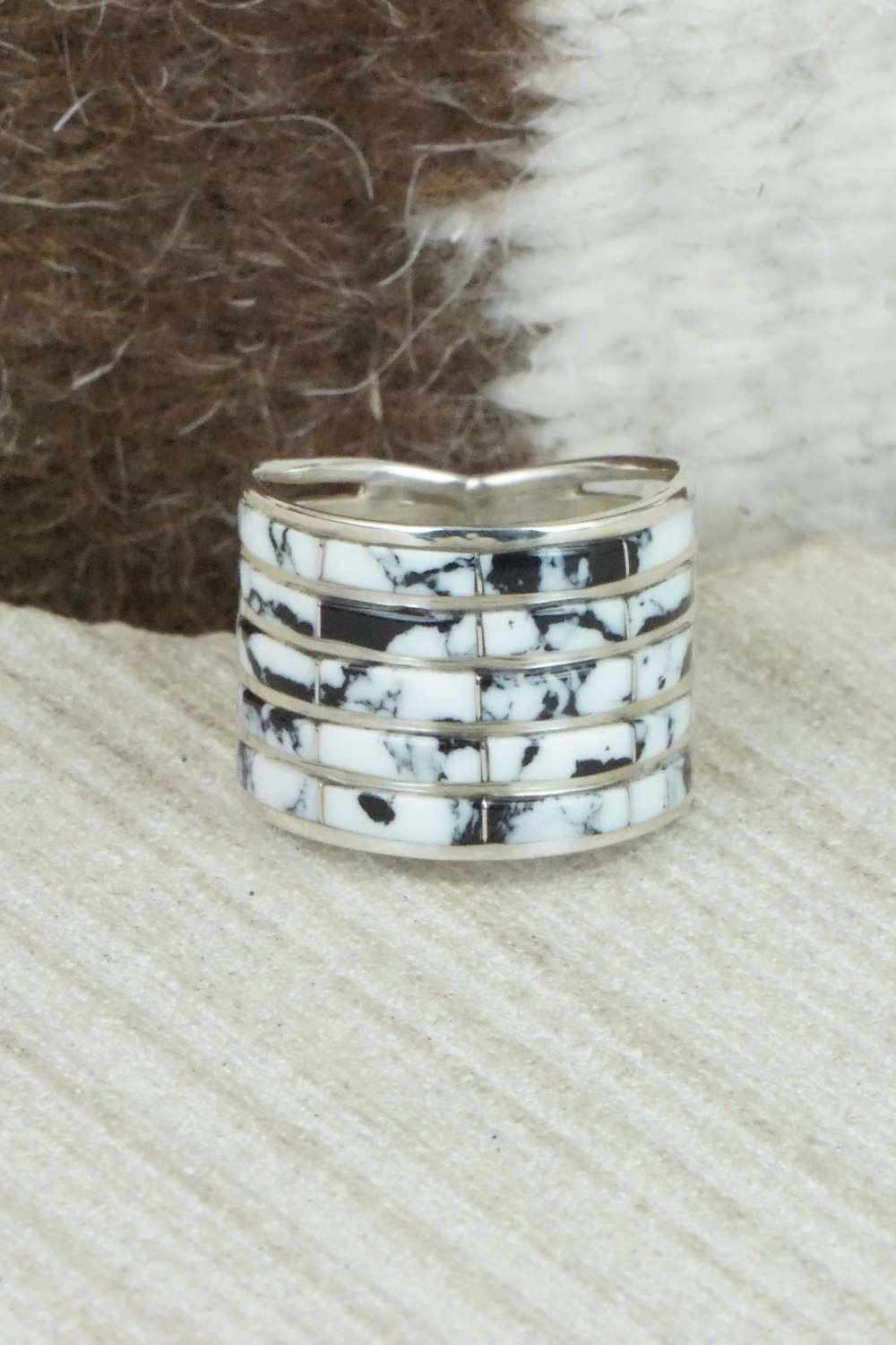 White Buffalo & Sterling Silver Inlay Ring - Claresse Kylestewa - Size 6.5