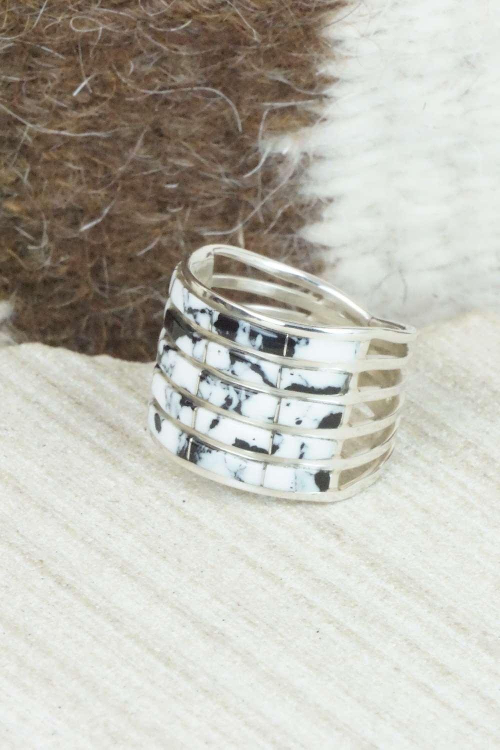 White Buffalo & Sterling Silver Inlay Ring - Claresse Kylestewa - Size 6.5