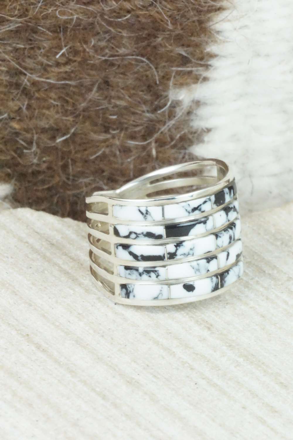 White Buffalo & Sterling Silver Inlay Ring - Claresse Kylestewa - Size 6.5