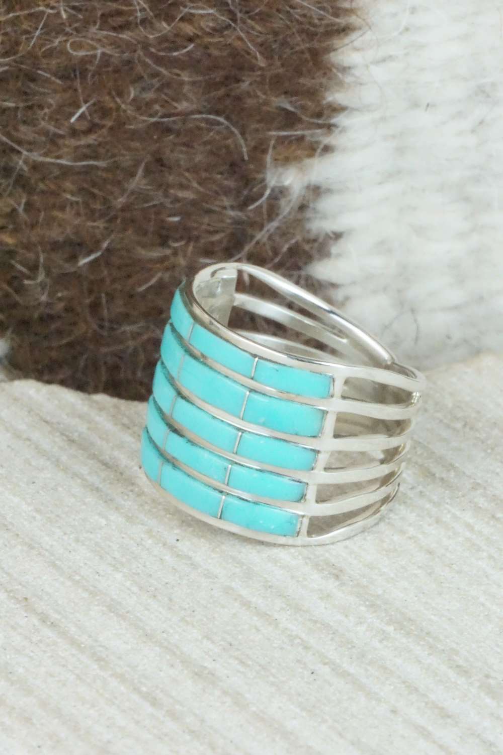 Turquoise & Sterling Silver Inlay Ring - Claresse Kylestewa - Size 7