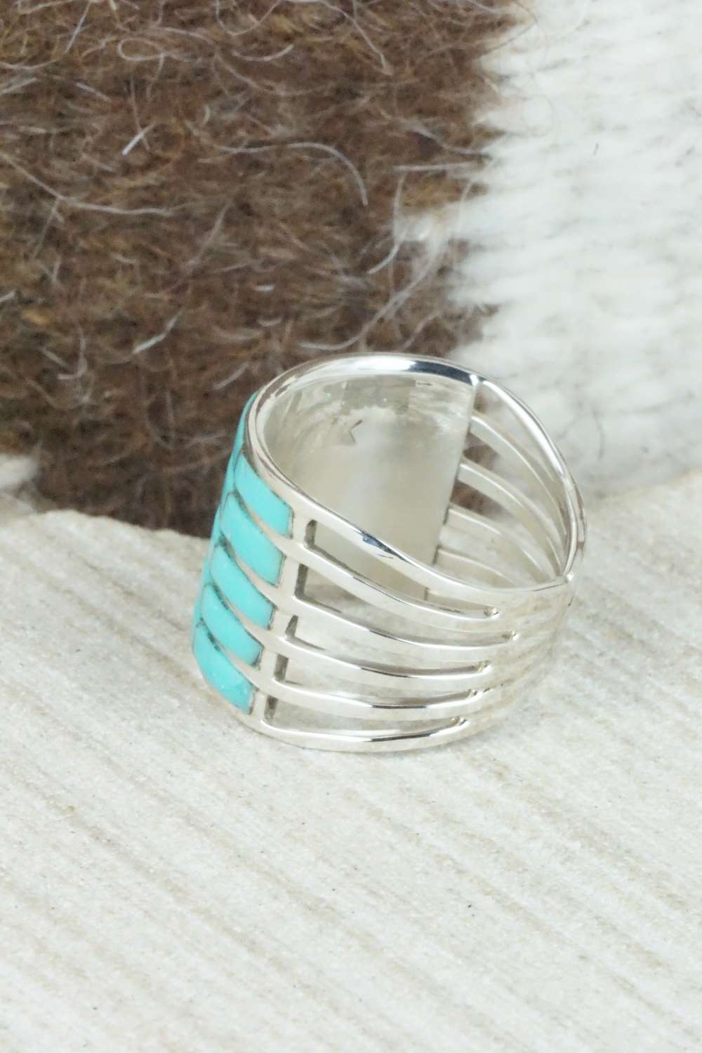 Turquoise & Sterling Silver Inlay Ring - Claresse Kylestewa - Size 7