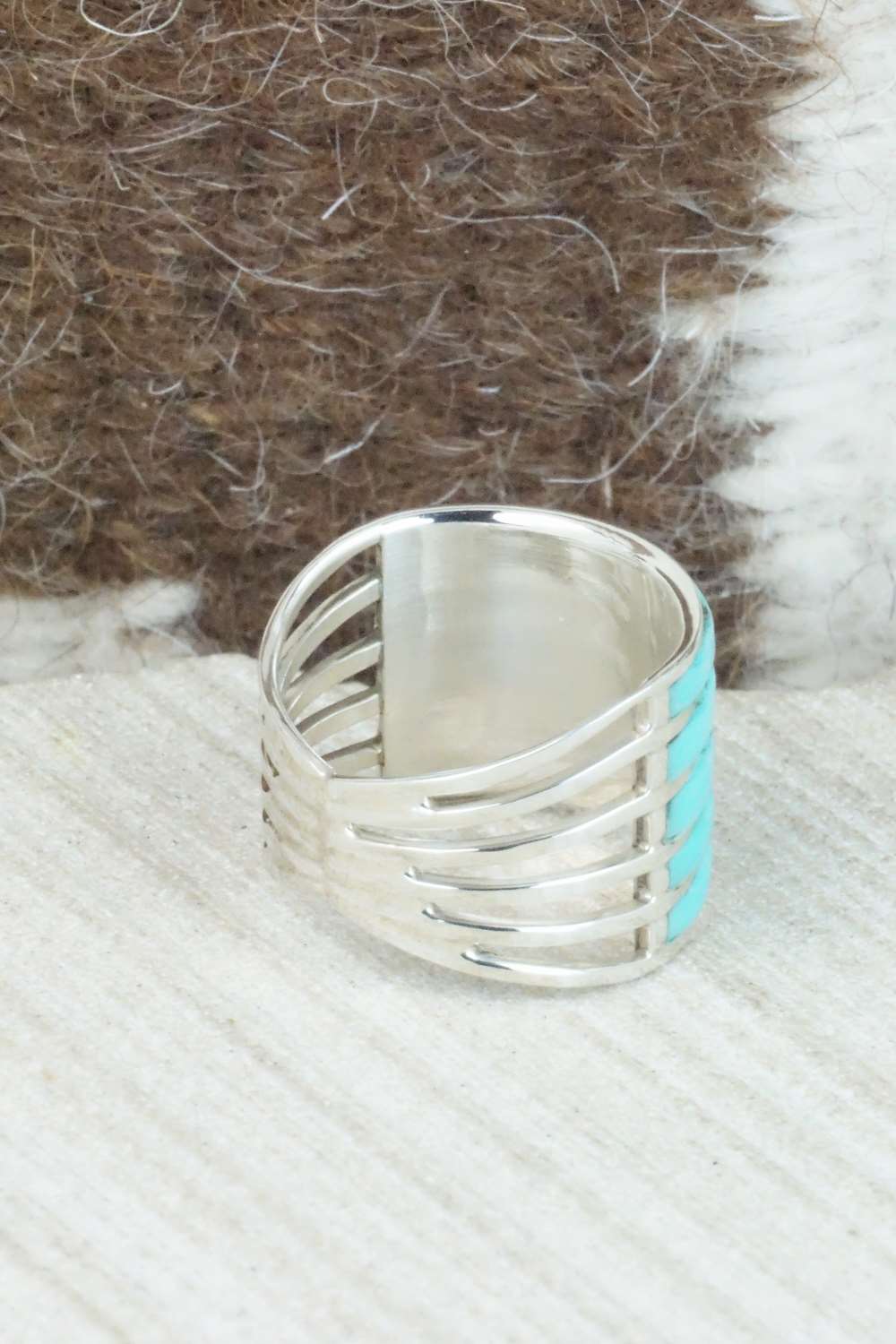 Turquoise & Sterling Silver Inlay Ring - Claresse Kylestewa - Size 7