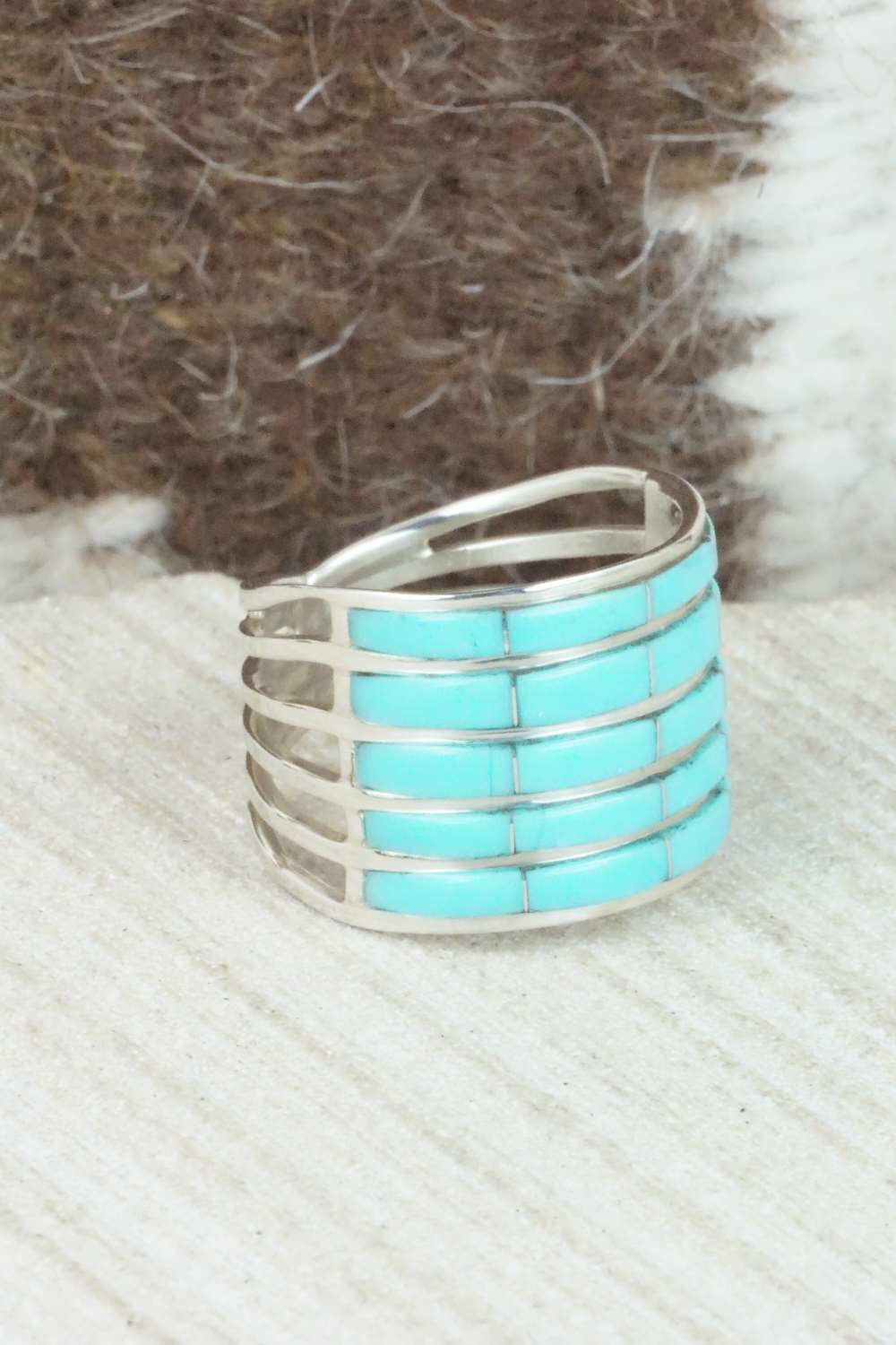 Turquoise & Sterling Silver Inlay Ring - Claresse Kylestewa - Size 7