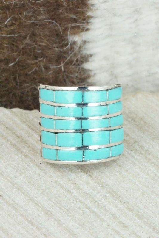 Turquoise & Sterling Silver Inlay Ring - Claresse Kylestewa - Size 7.25