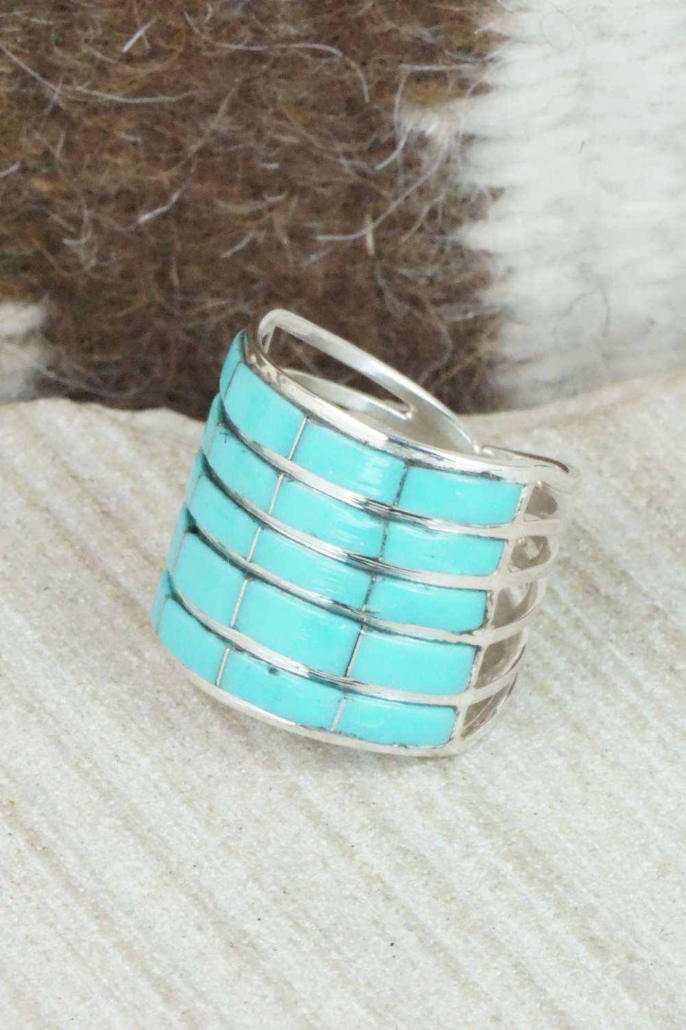 Turquoise & Sterling Silver Inlay Ring - Claresse Kylestewa - Size 7.25