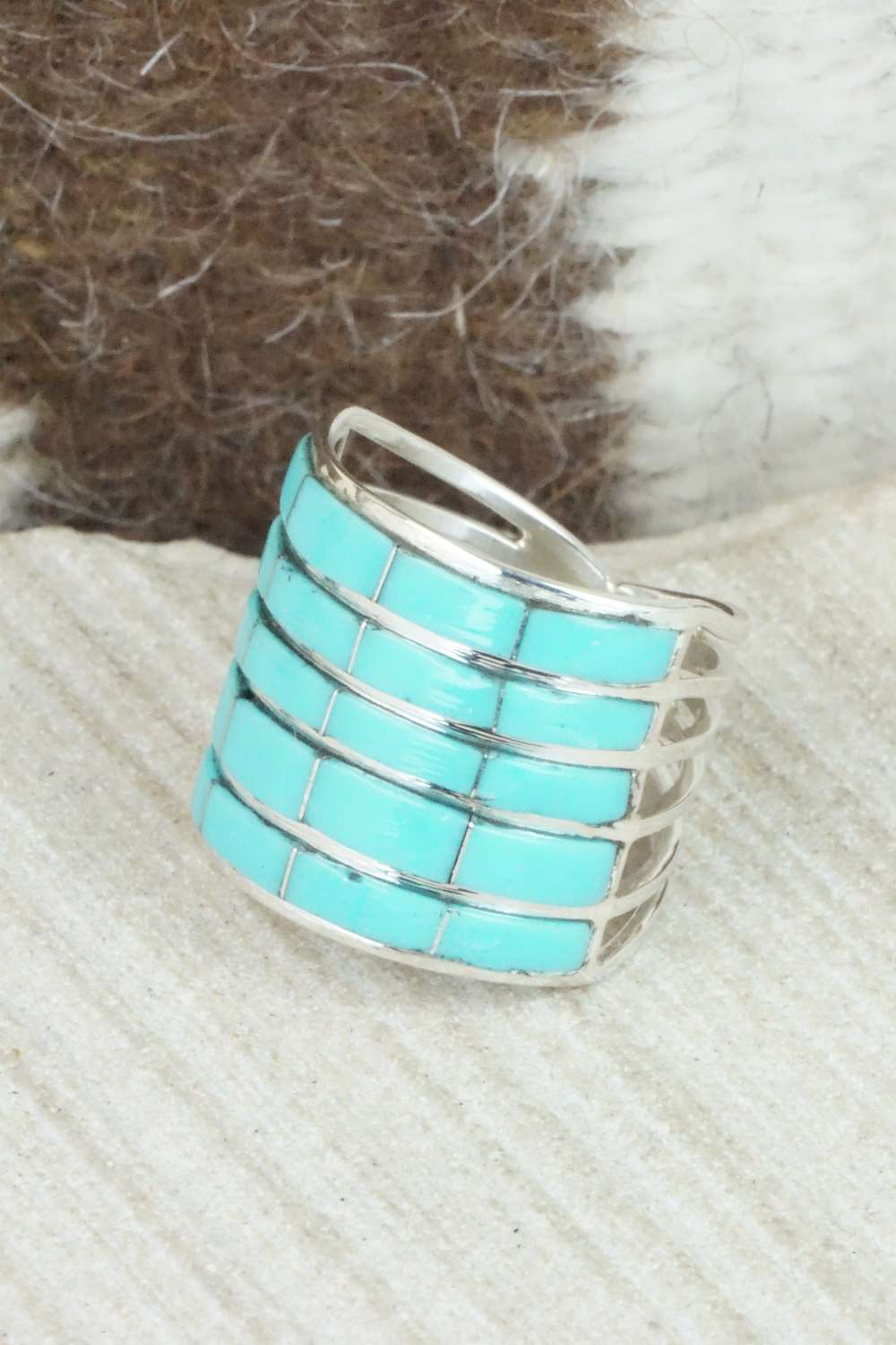 Turquoise & Sterling Silver Inlay Ring - Claresse Kylestewa - Size 7.25