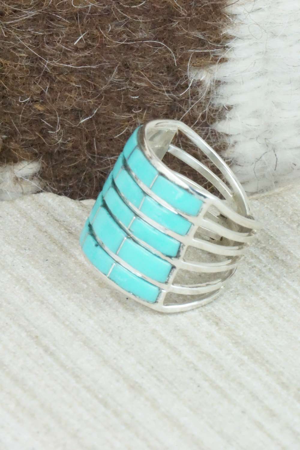 Turquoise & Sterling Silver Inlay Ring - Claresse Kylestewa - Size 7.25